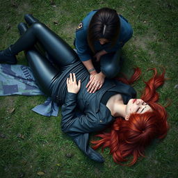A highly detailed digital artwork in realism style depicting a red-haired woman suspect laying flat on her stomach on the grass