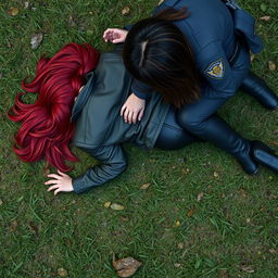 A highly detailed digital artwork in realism style depicting a red-haired woman suspect laying flat on her stomach on the grass
