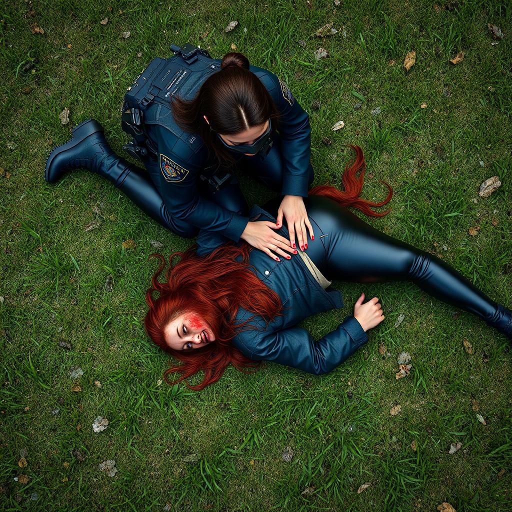 A highly detailed digital artwork in realism style depicting a red-haired woman suspect laying flat on her stomach on the grass