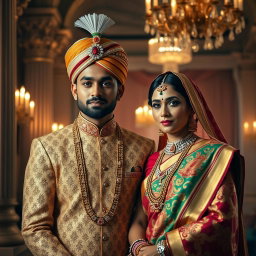 An opulent portrait of an Indian royal couple dressed in traditional attire