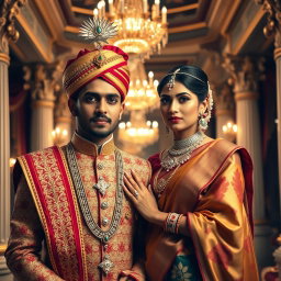 An opulent portrait of an Indian royal couple dressed in traditional attire