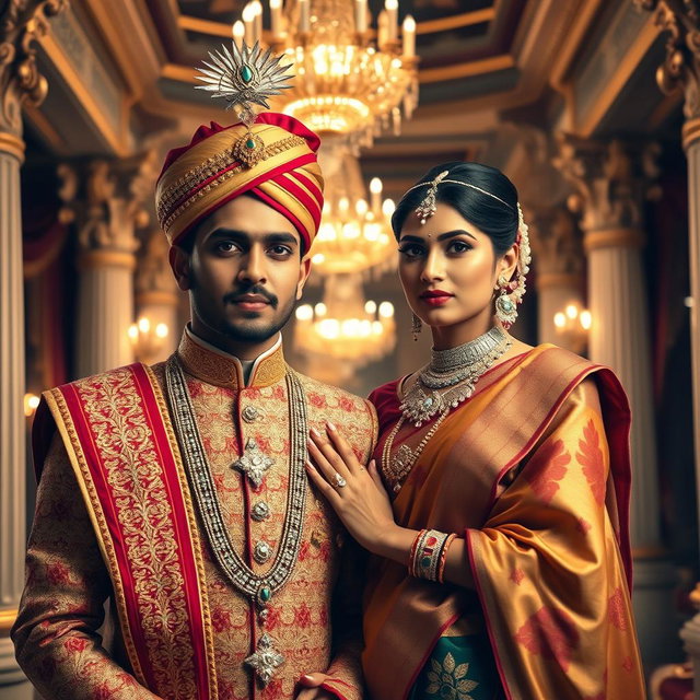 An opulent portrait of an Indian royal couple dressed in traditional attire