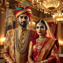 An opulent portrait of an Indian royal couple dressed in traditional attire