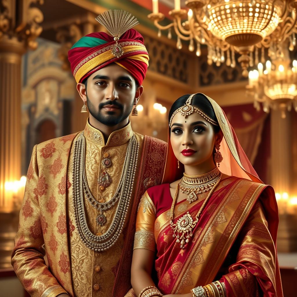 An opulent portrait of an Indian royal couple dressed in traditional attire