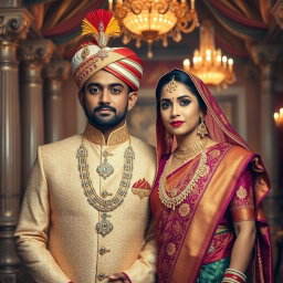 An opulent portrait of an Indian royal couple dressed in traditional attire