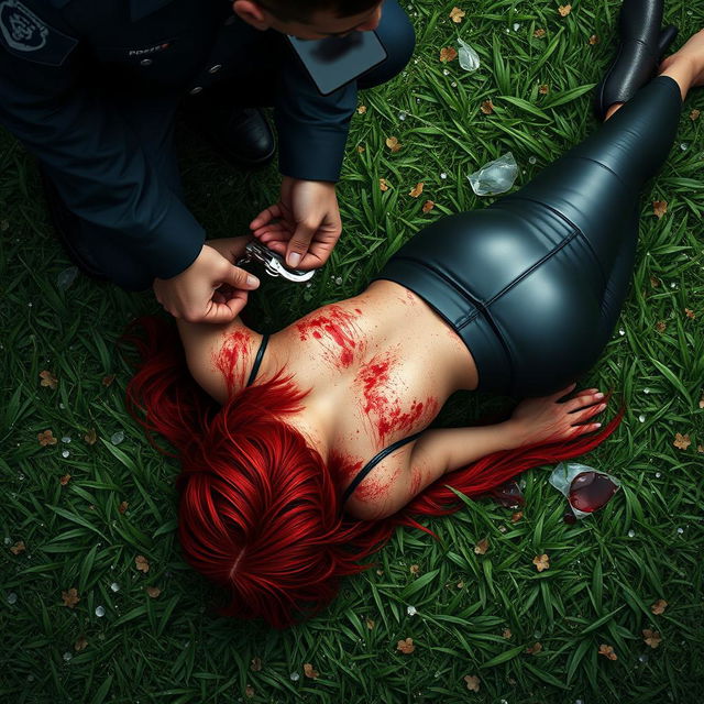 A highly detailed digital artwork in realism style featuring a woman with striking red hair lying flat on her stomach on a lush green grass ground, viewed from a top-down perspective