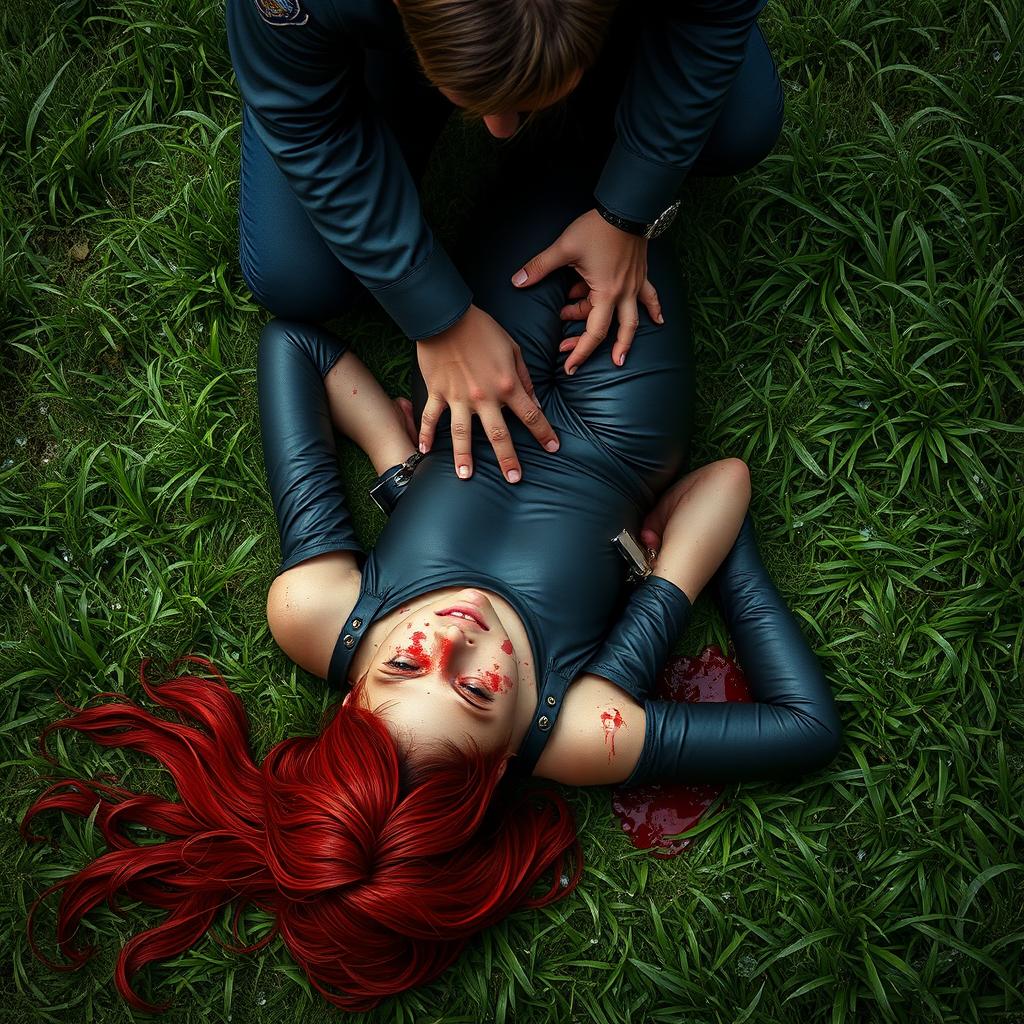 A highly detailed digital artwork in realism style featuring a woman with striking red hair lying flat on her stomach on a lush green grass ground, viewed from a top-down perspective