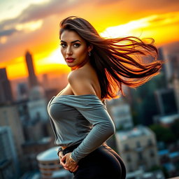 A stunning and alluring woman posing confidently in a stylish outfit, showcasing her curves and charm