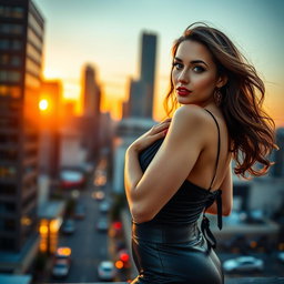 A stunning and alluring woman posing confidently in a stylish outfit, showcasing her curves and charm