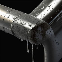 A photorealistic, high-definition image illustrating a detailed scene of a leaking pipe in a contemporary bathroom, water droplets clearly visible against the chrome pipe surface.