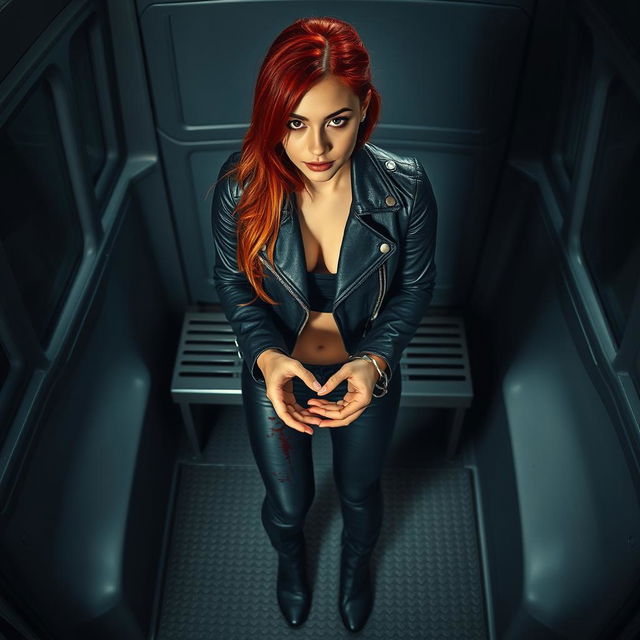 Overhead security footage of a young Hispanic woman with vibrant red hair, exhibiting a blend of Hispanic and Germanic features