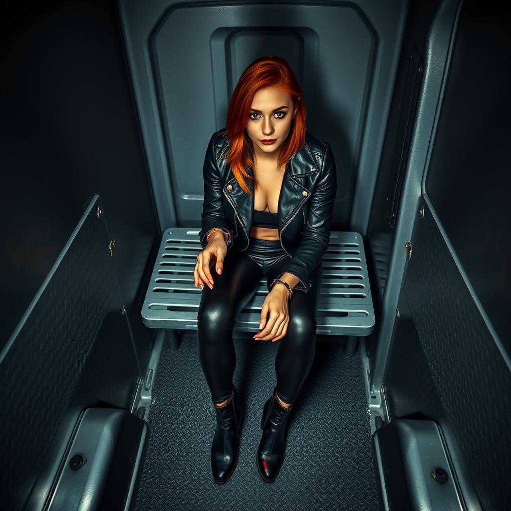 Overhead shot of a young Hispanic woman with red hair and Germanic features seated in the back of a police van