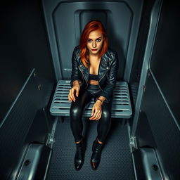 Overhead shot of a young Hispanic woman with red hair and Germanic features seated in the back of a police van