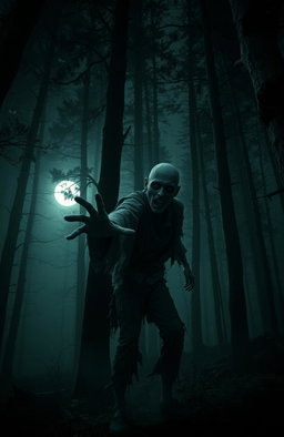 A spooky nighttime scene featuring a sinister, half-decayed zombie lurking among tall, dark trees