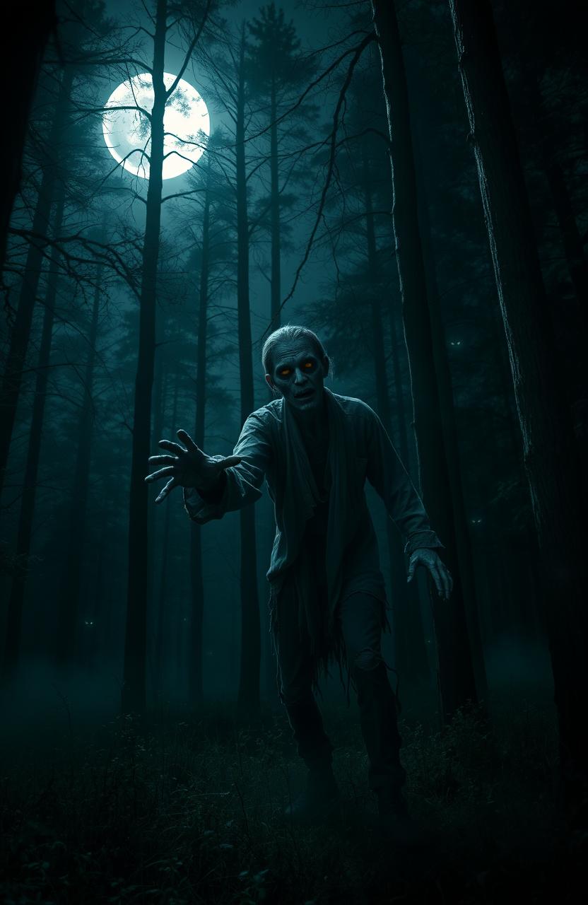 A spooky nighttime scene featuring a sinister, half-decayed zombie lurking among tall, dark trees