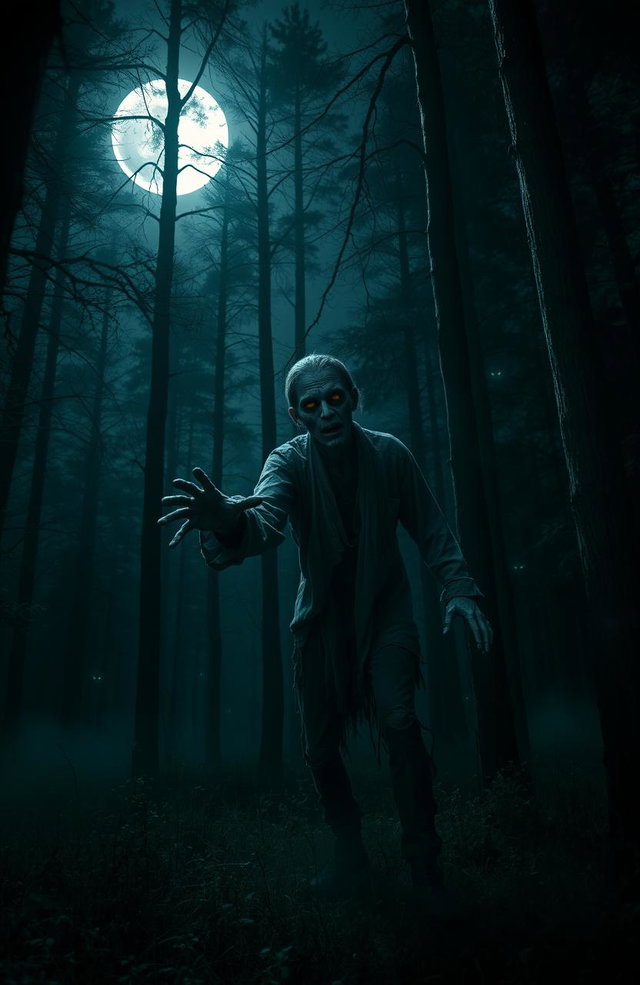 A spooky nighttime scene featuring a sinister, half-decayed zombie lurking among tall, dark trees