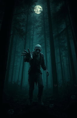 A spooky nighttime scene featuring a sinister, half-decayed zombie lurking among tall, dark trees