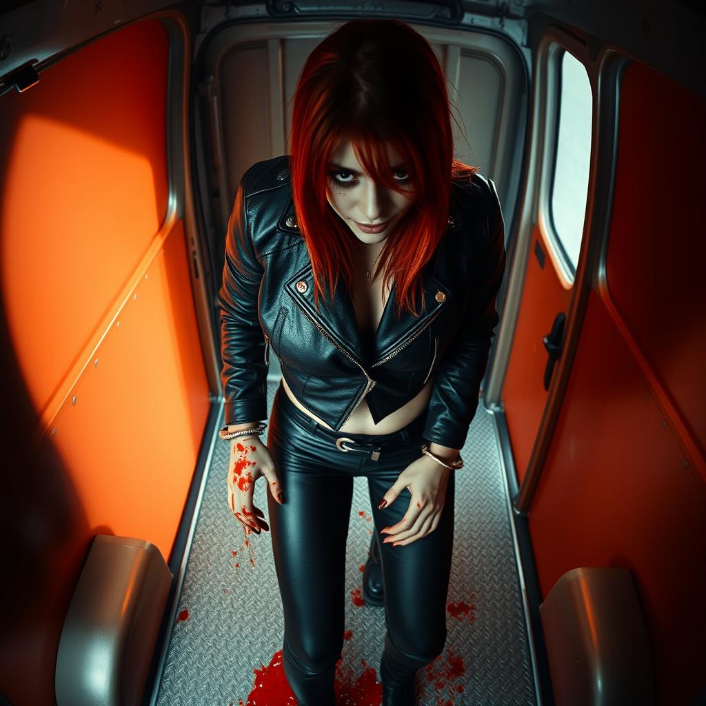 Overhead security footage capturing a young Hispanic woman with striking red hair, visibly covered in blood