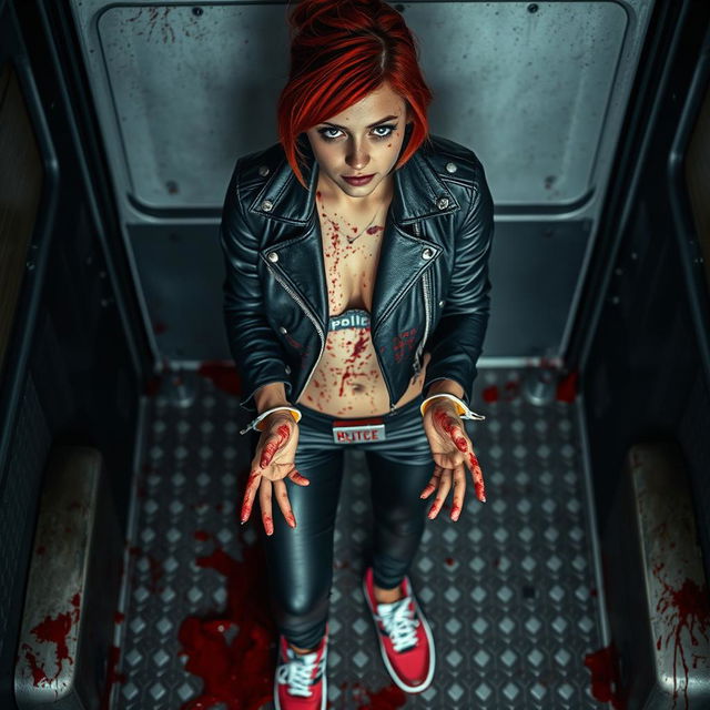 Overhead view of a young Hispanic woman with striking red hair, her skin covered in a load of blood