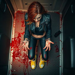 Overhead view of a young Hispanic woman with striking red hair, her skin covered in a load of blood