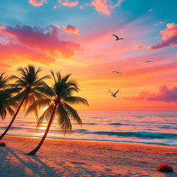 A vibrant sunset over a tranquil beach, featuring bright and harmonious colors of orange, pink, and turquoise blended beautifully in the sky reflecting off the gentle waves