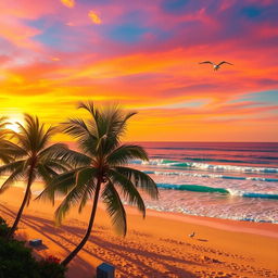 A vibrant sunset over a tranquil beach, featuring bright and harmonious colors of orange, pink, and turquoise blended beautifully in the sky reflecting off the gentle waves