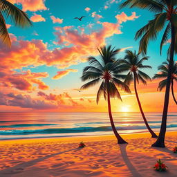 A vibrant sunset over a tranquil beach, featuring bright and harmonious colors of orange, pink, and turquoise blended beautifully in the sky reflecting off the gentle waves