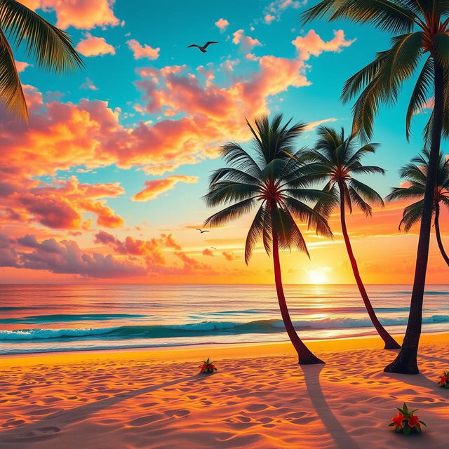 A vibrant sunset over a tranquil beach, featuring bright and harmonious colors of orange, pink, and turquoise blended beautifully in the sky reflecting off the gentle waves