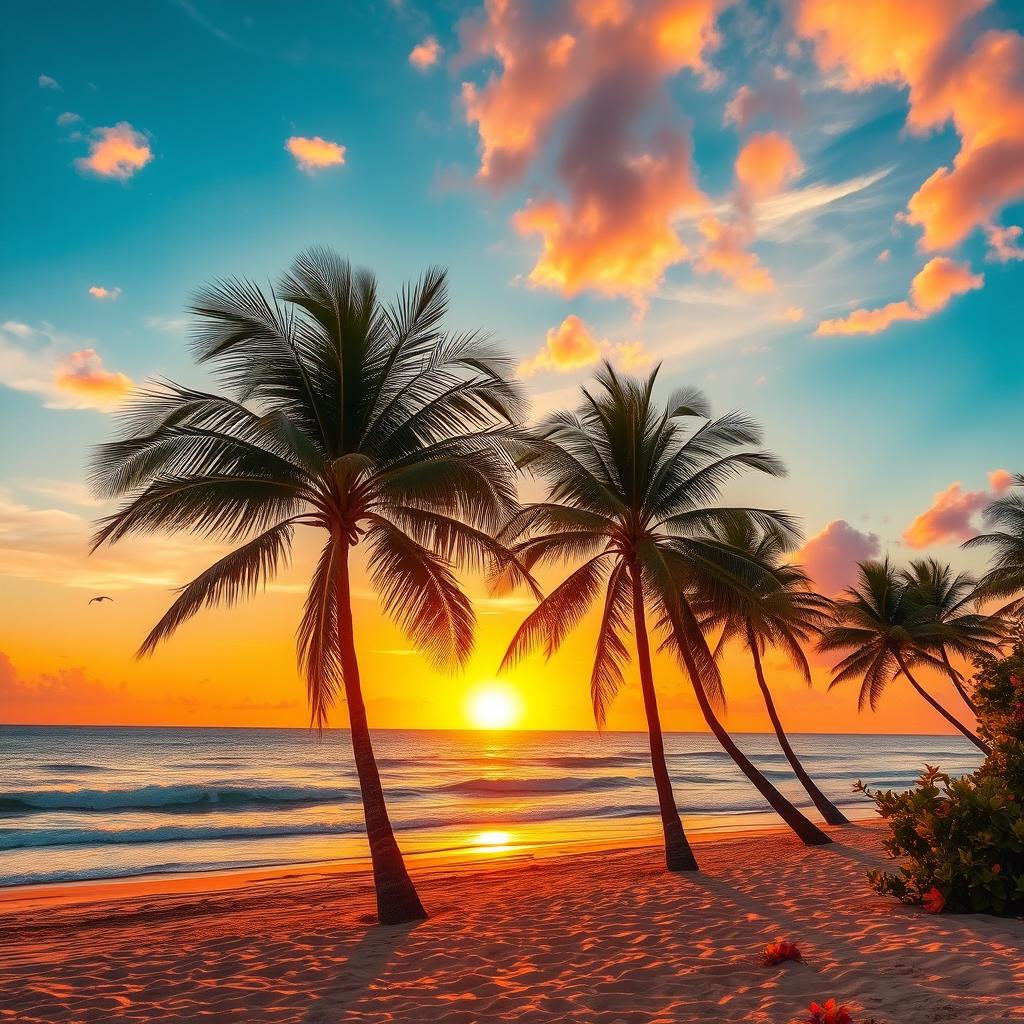 A vibrant sunset over a tranquil beach, featuring bright and harmonious colors of orange, pink, and turquoise blended beautifully in the sky reflecting off the gentle waves