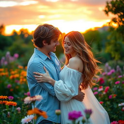 A romantic scene featuring a couple in a beautiful garden during sunset