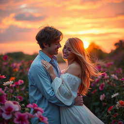 A romantic scene featuring a couple in a beautiful garden during sunset