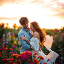 A romantic scene featuring a couple in a beautiful garden during sunset