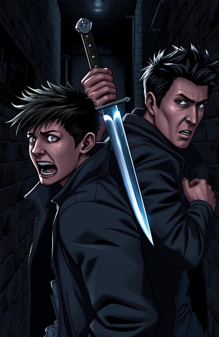 A dramatic and intense scene depicting a betrayal between two friends, titled 'Nicholas and the Blade of Betrayal'