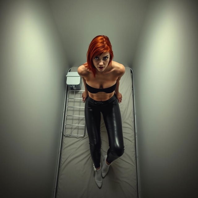 Overhead view of a young Hispanic woman with striking red hair, featuring Germanic traits