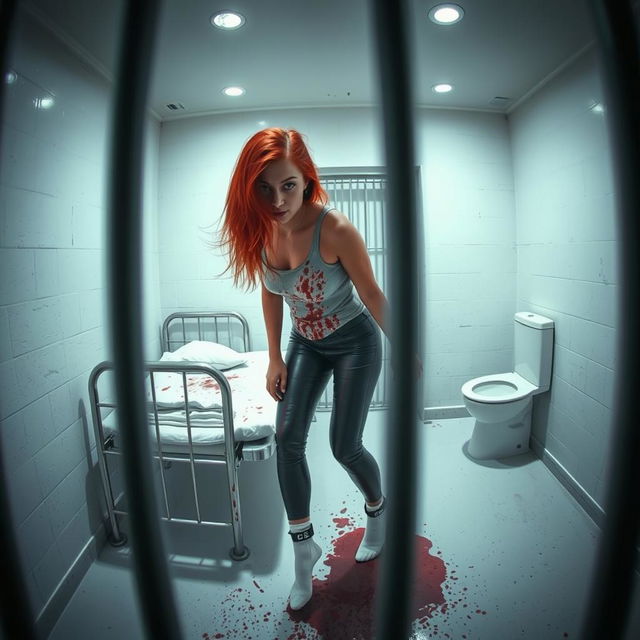 Overhead security footage capturing a dramatic scene in a solitary police cell