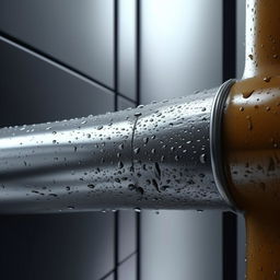 A photorealistic, high-definition image illustrating a detailed scene of a leaking pipe in a contemporary bathroom, water droplets clearly visible against the chrome pipe surface.