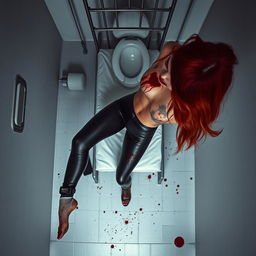 An overhead view of a young Hispanic woman with striking red hair, her figure covered in blood, creating a dramatic and intense scene in a solitary police cell