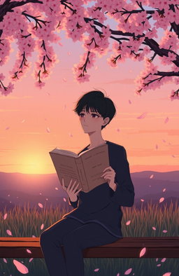 A beautifully illustrated portrayal of a moment from a romantically sad book, featuring a solitary figure sitting on a bench under a cherry blossom tree, petals gently falling around them