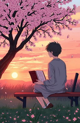 A beautifully illustrated portrayal of a moment from a romantically sad book, featuring a solitary figure sitting on a bench under a cherry blossom tree, petals gently falling around them