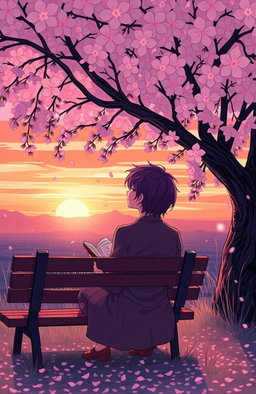 A beautifully illustrated portrayal of a moment from a romantically sad book, featuring a solitary figure sitting on a bench under a cherry blossom tree, petals gently falling around them