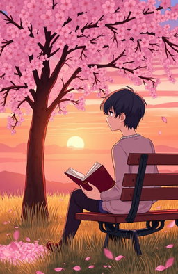 A beautifully illustrated portrayal of a moment from a romantically sad book, featuring a solitary figure sitting on a bench under a cherry blossom tree, petals gently falling around them