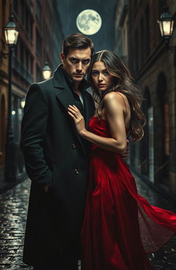 A dark and alluring romantic thriller scene between a mysterious, brooding figure and a captivating woman