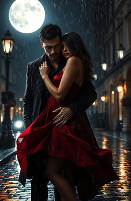 A dark and alluring romantic thriller scene between a mysterious, brooding figure and a captivating woman
