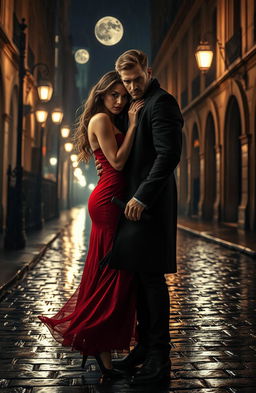 A dark and alluring romantic thriller scene between a mysterious, brooding figure and a captivating woman