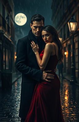 A dark and alluring romantic thriller scene between a mysterious, brooding figure and a captivating woman