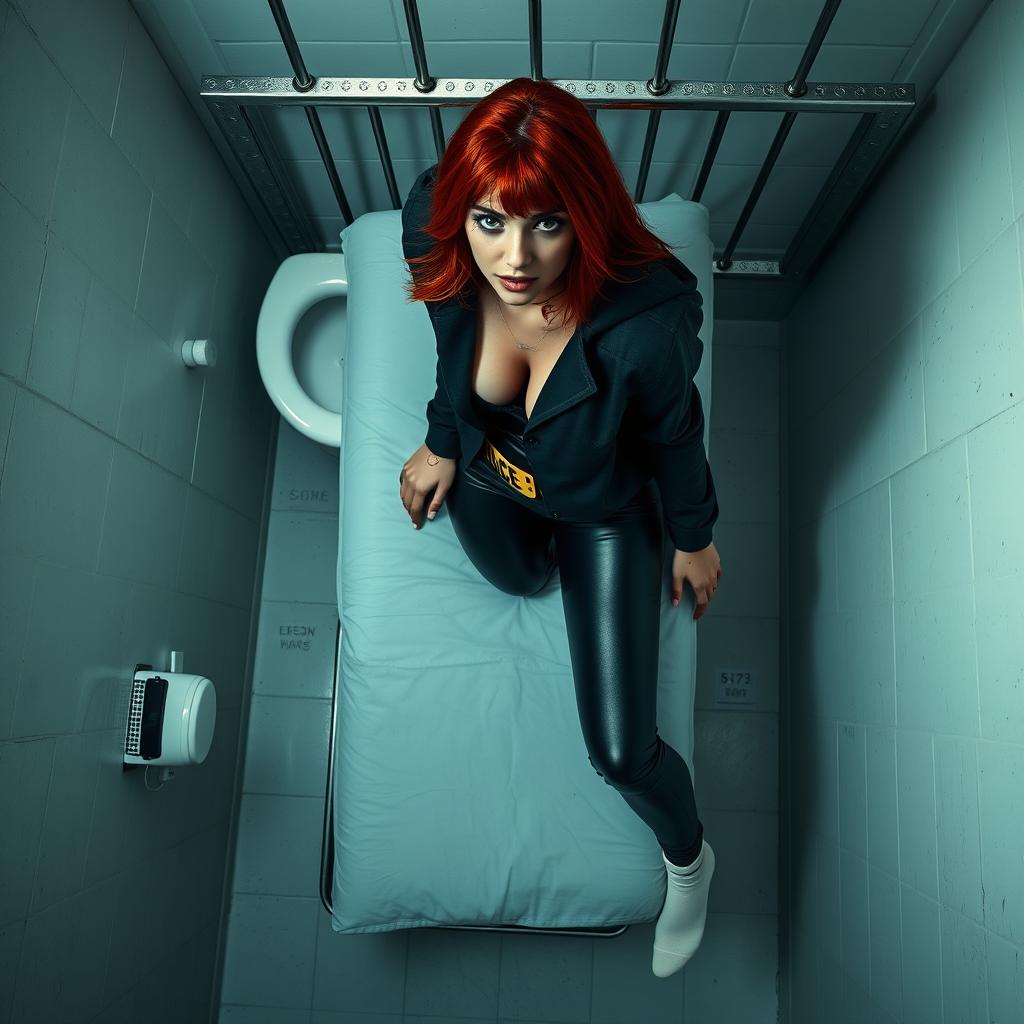 An overhead view of a young Hispanic woman with striking red hair, covered in blood, situated in a solitary police cell with a dramatic atmosphere