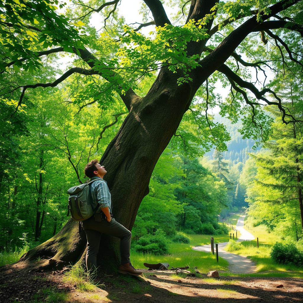 A serene landscape featuring lush, green trees surrounding a weary traveler resting against a large oak tree