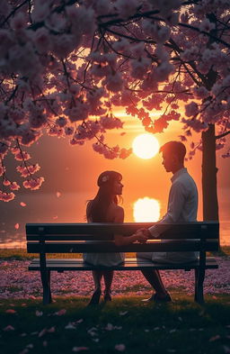 A melancholic yet romantic scene of a couple sitting on a park bench under a golden sunset, with soft tears in their eyes