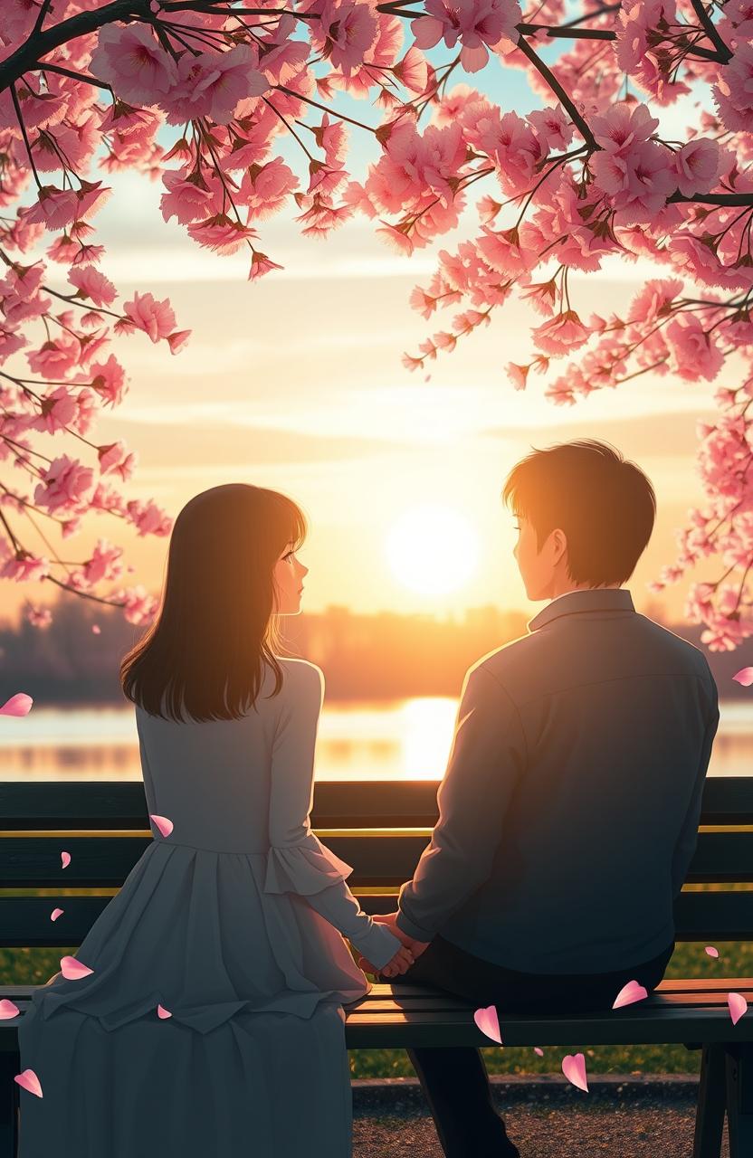 A melancholic yet romantic scene of a couple sitting on a park bench under a golden sunset, with soft tears in their eyes