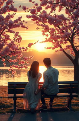 A melancholic yet romantic scene of a couple sitting on a park bench under a golden sunset, with soft tears in their eyes